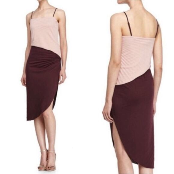Halston Heritage Pink and‎ Burgundy Asymmetrical Hem Midi Dress Size 6 Small New - Picture 1 of 6